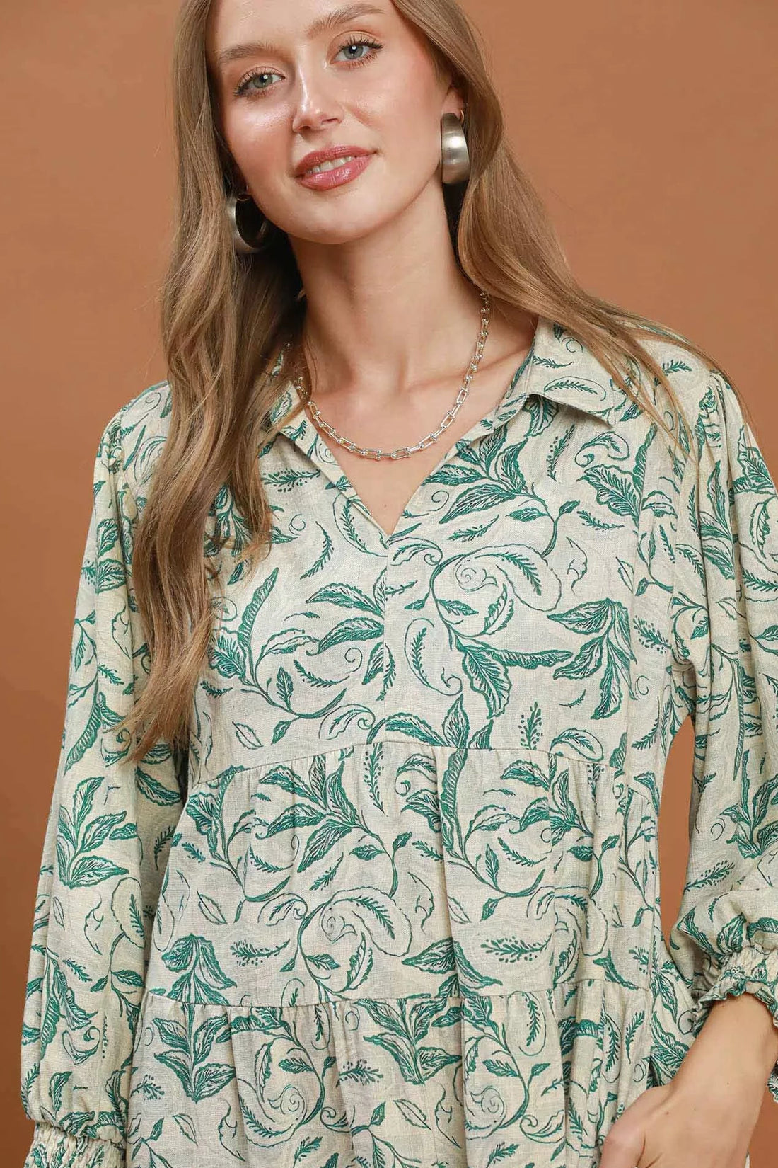 Green botanical print linen midi dress bodice with V-neck and long sleeves