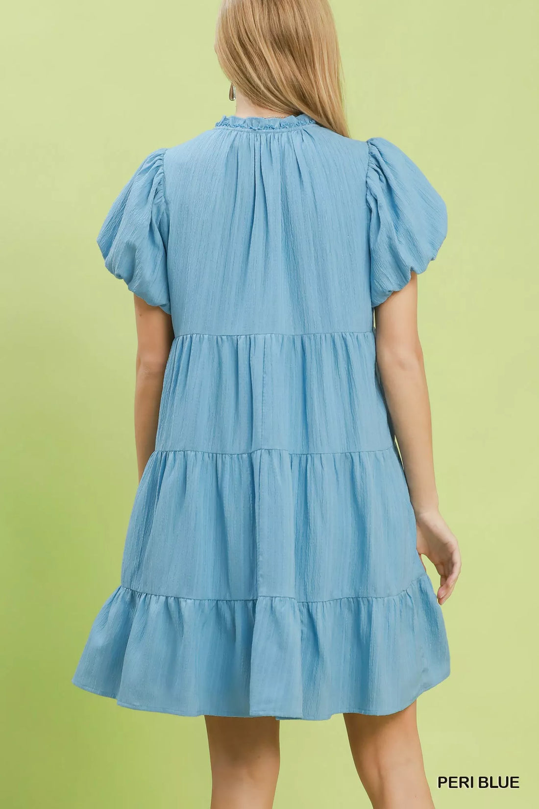 Peri blue puff-sleeve tiered babydoll dress, back view, short tiered skirt