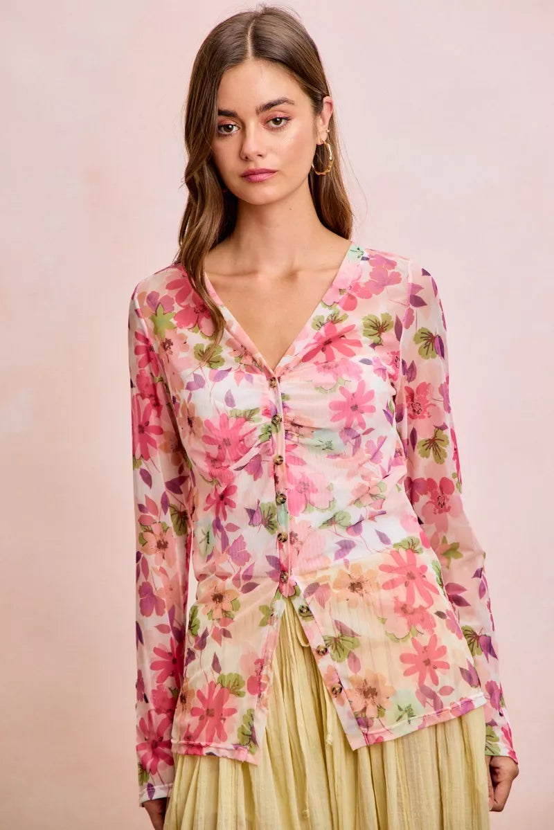 Floral mesh cardigan top with pink floral print, V-neck and button front, long sleeves