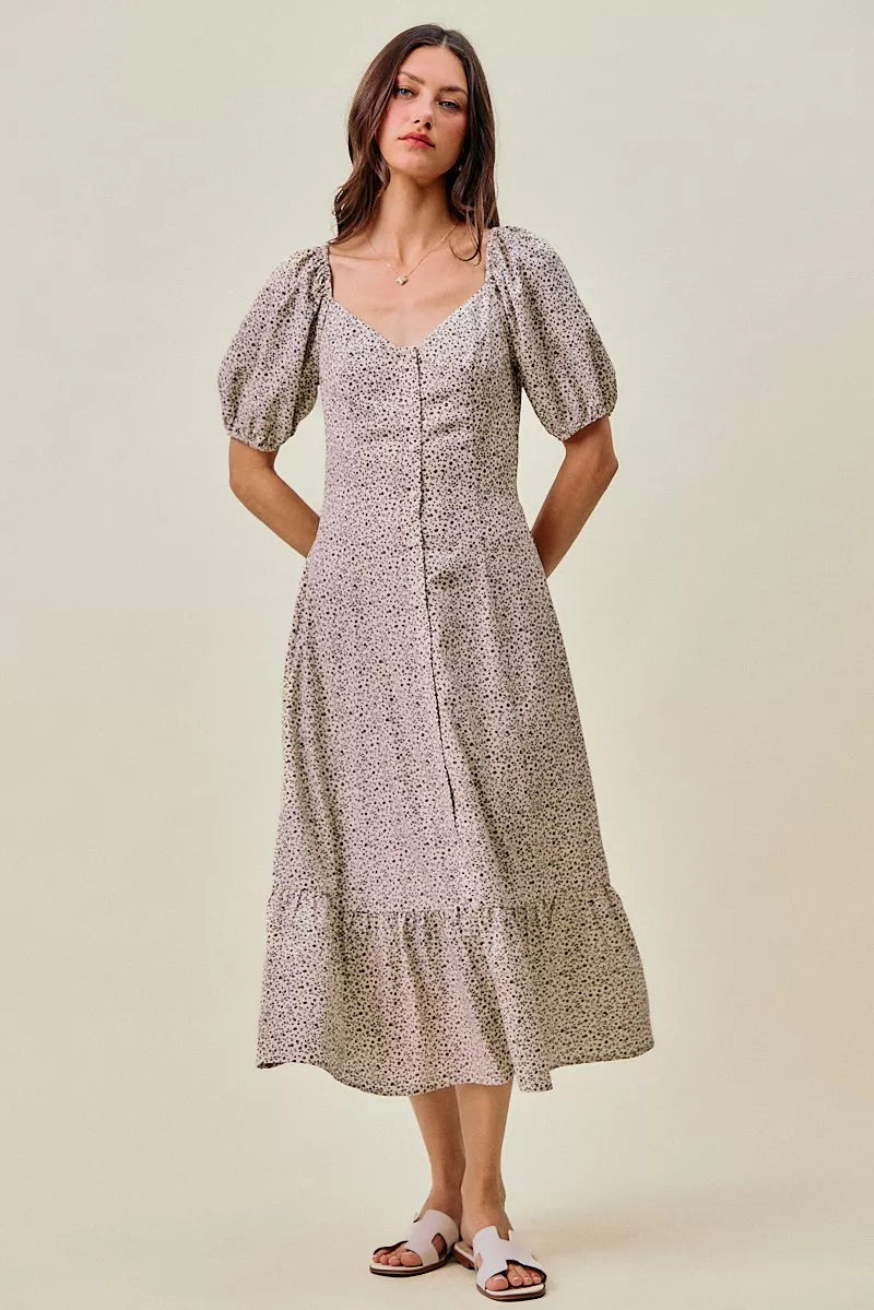 Ditsy floral elastic-waist maxi dress with square neckline and gathered puff sleeves