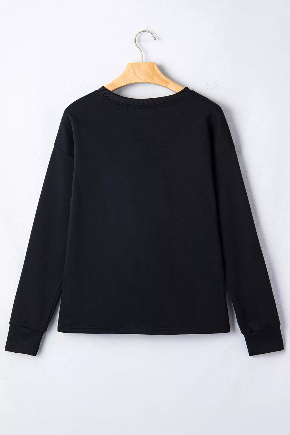 Black long sleeve sweatshirt on hanger, plain back with round neckline