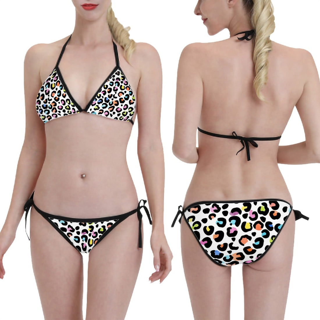 Triangle Bikini Set Multi Colour White Base Leopard Print Adjustable Swimwear