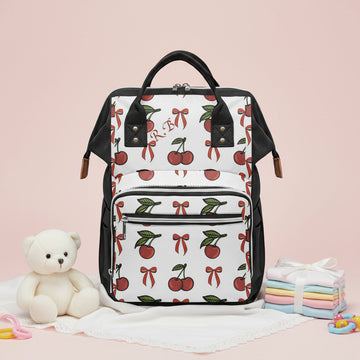 Custom Diaper Bag, Christmas Cherry Bow Print, Personalized Gift Mom, Multi Pocket Baby Backpack