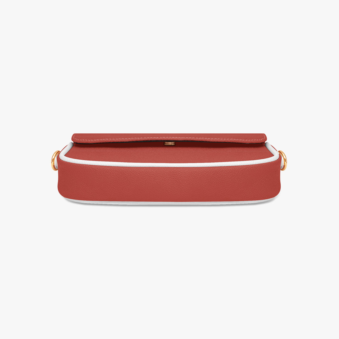 Red leather shoulder bag, top flap design with slim profile