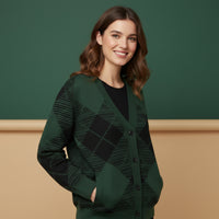 Plaid Cardigan Sweater | Unisex Green Black Preppy Jacquard Knit
