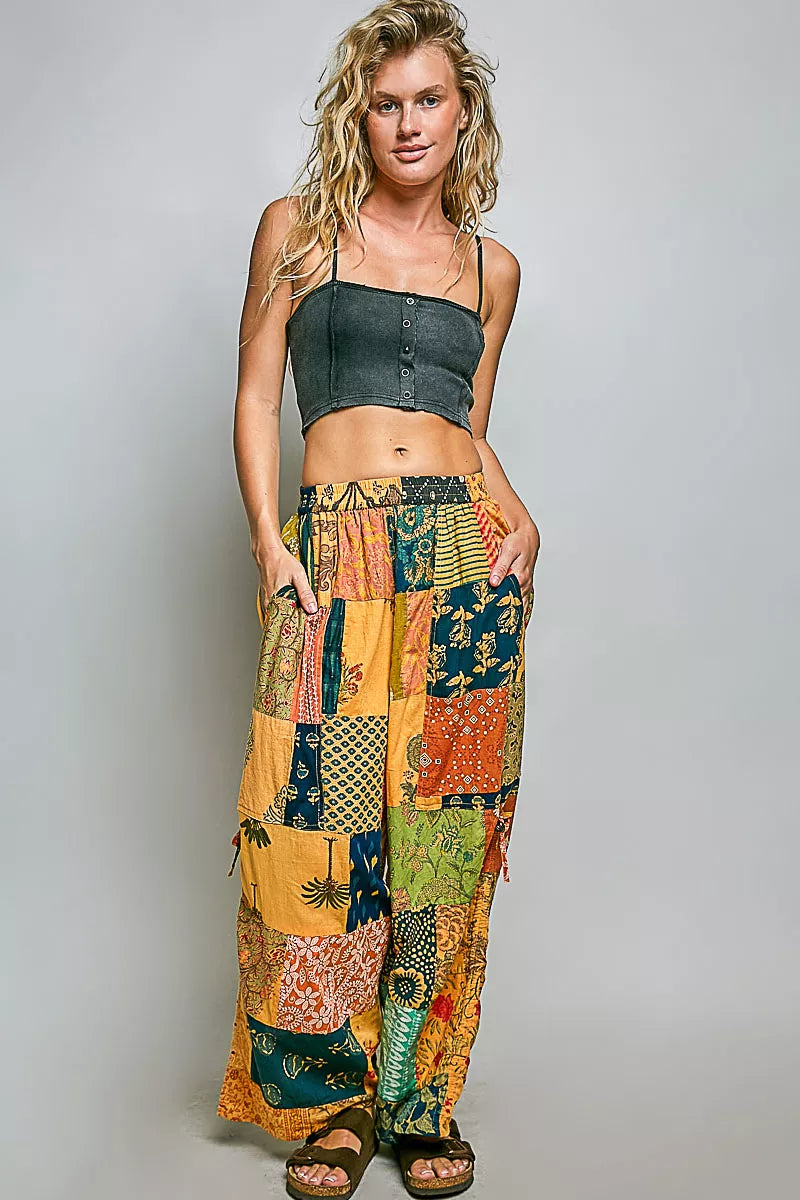 Patchwork wide-leg pants with adjustable side drawstrings and elastic waistband