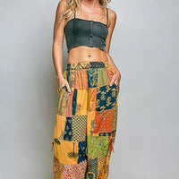 Patchwork wide-leg pants with adjustable side drawstrings and elastic waistband