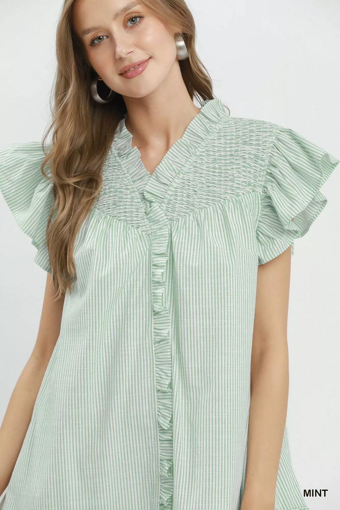 Mint striped smocked yoke ruffle dress with button-front placket and flutter sleeves