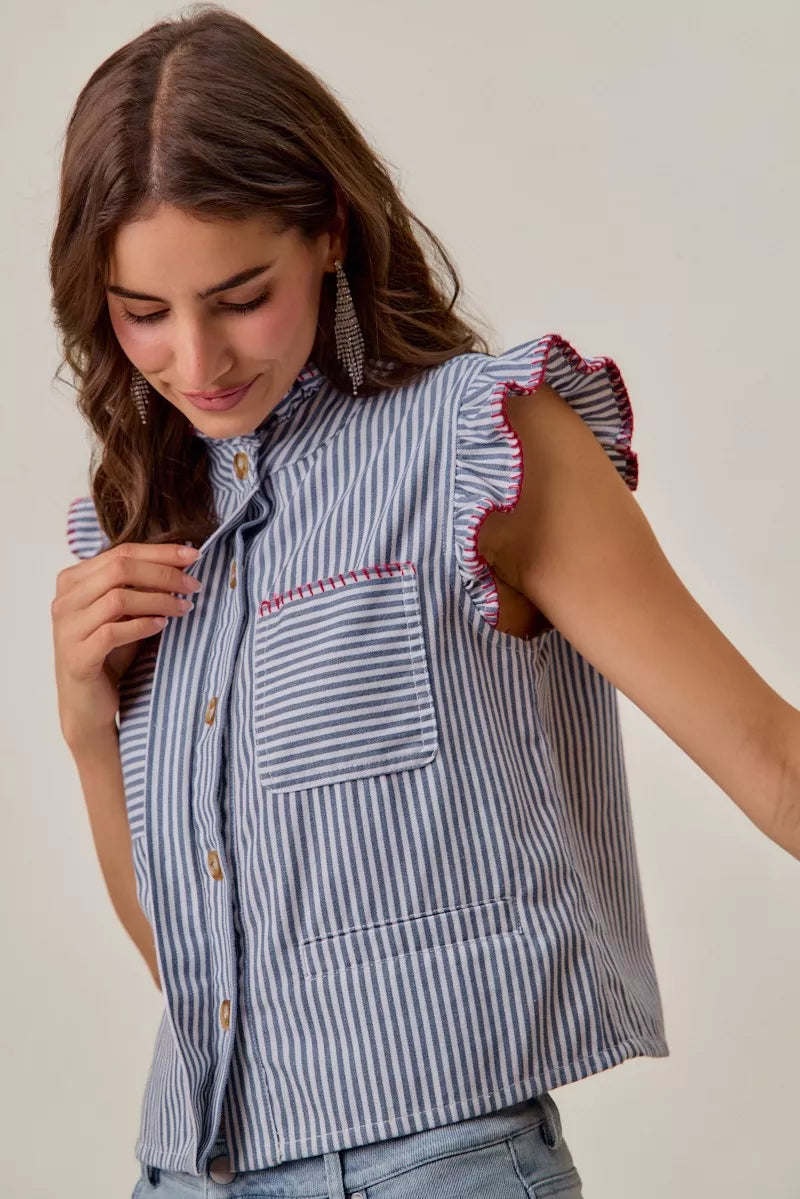 Ruffled sleeveless striped vest top with red trim, button front, chest pockets, blue-and-white stripes