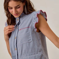 Ruffled sleeveless striped vest top with red trim, button front, chest pockets, blue-and-white stripes