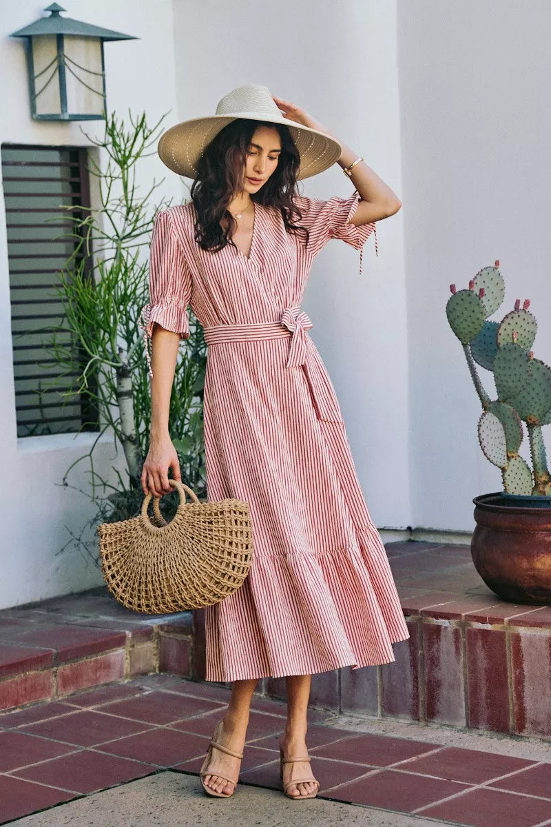 Red and white striped wrap midi dress with puff sleeves, belted waist and tiered skirt