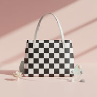 Checkered Tote Bag | Black and White PU Leather Waterproof Shoulder Bag