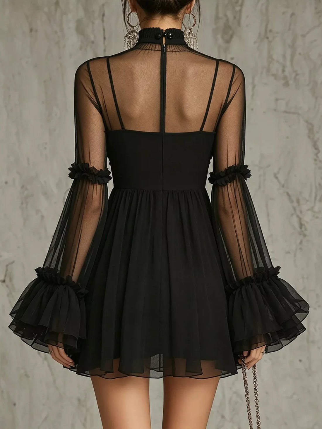 Black sheer mesh mini dress, backless with ruffled flare sleeves and tiered skirt