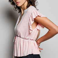 Blush striped peplum blouse with V-neck lace trim and ruffled short sleeves, tie waist
