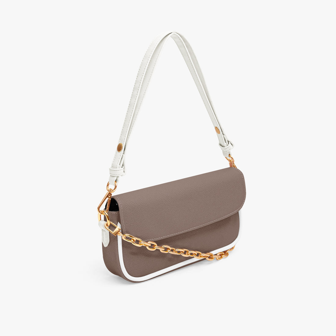 Small brown leather shoulder bag with white shoulder strap and gold chain detail