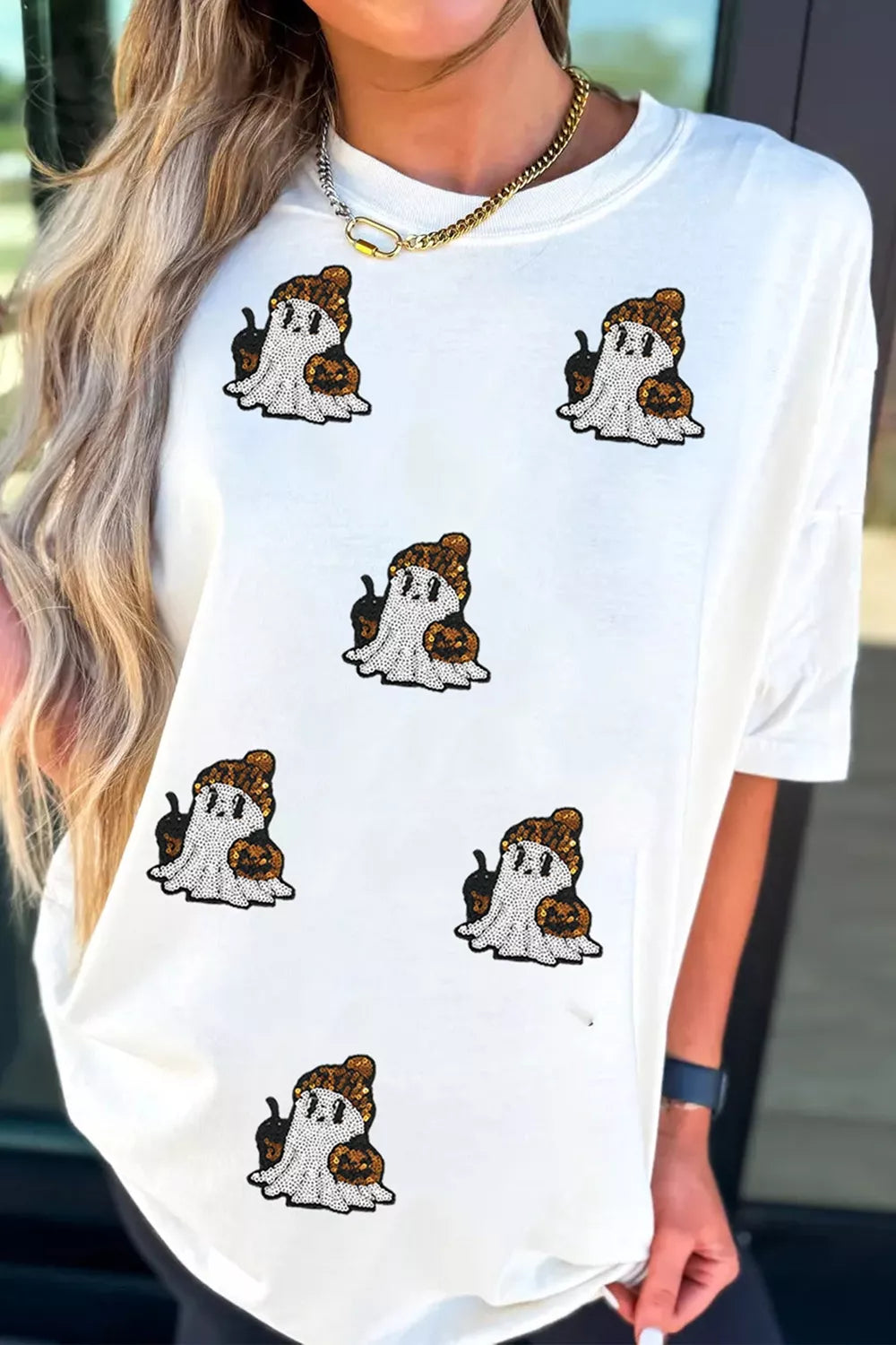 White short-sleeve t-shirt with cartoon ghost dog print across chest