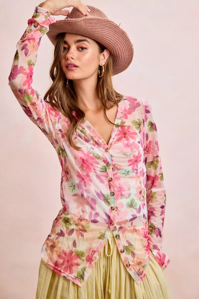 Floral mesh button-up cardigan top with V-neck, pink floral pattern, button front, long sleeves