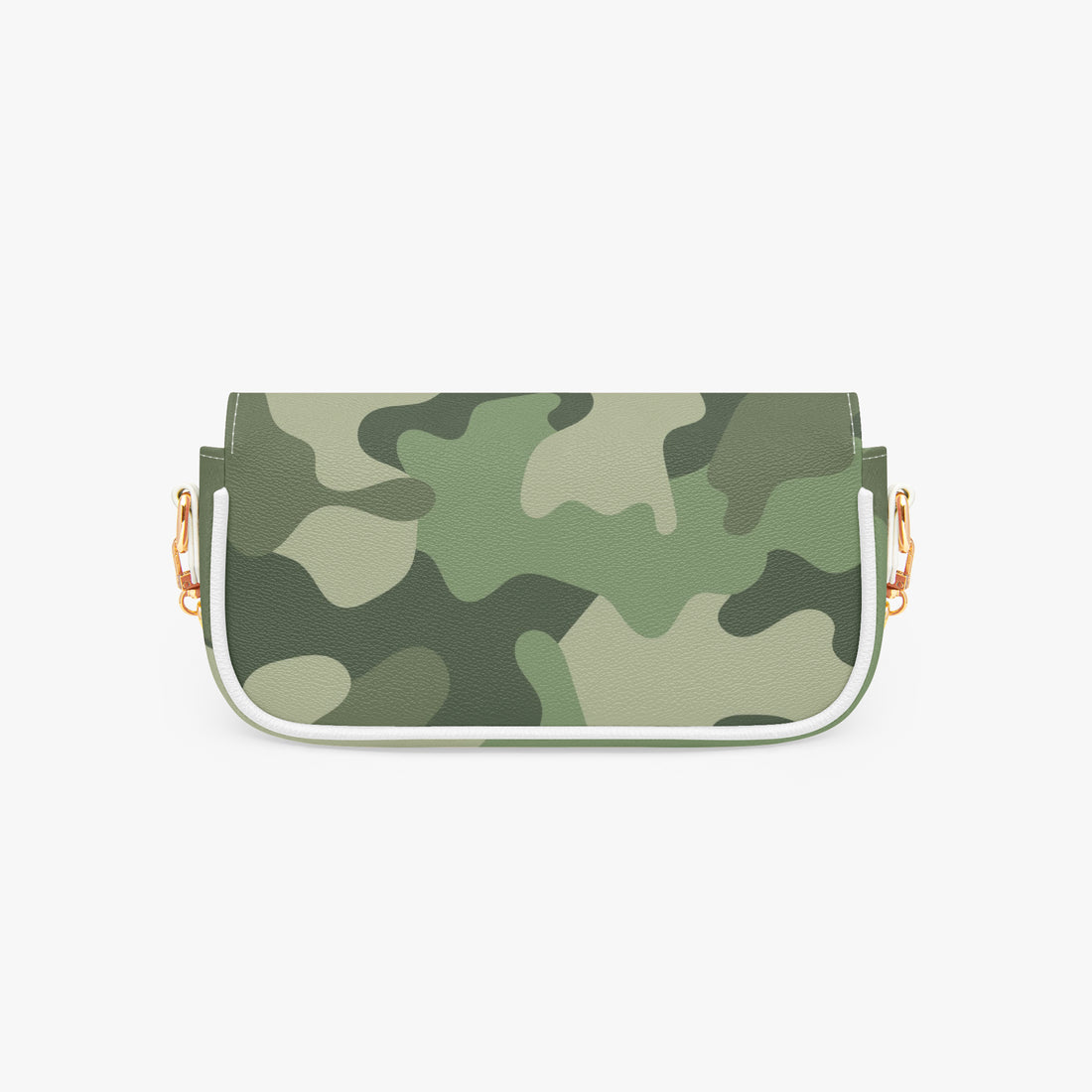 Green camouflage shoulder bag with top flap, white piping, and small gold clasp.