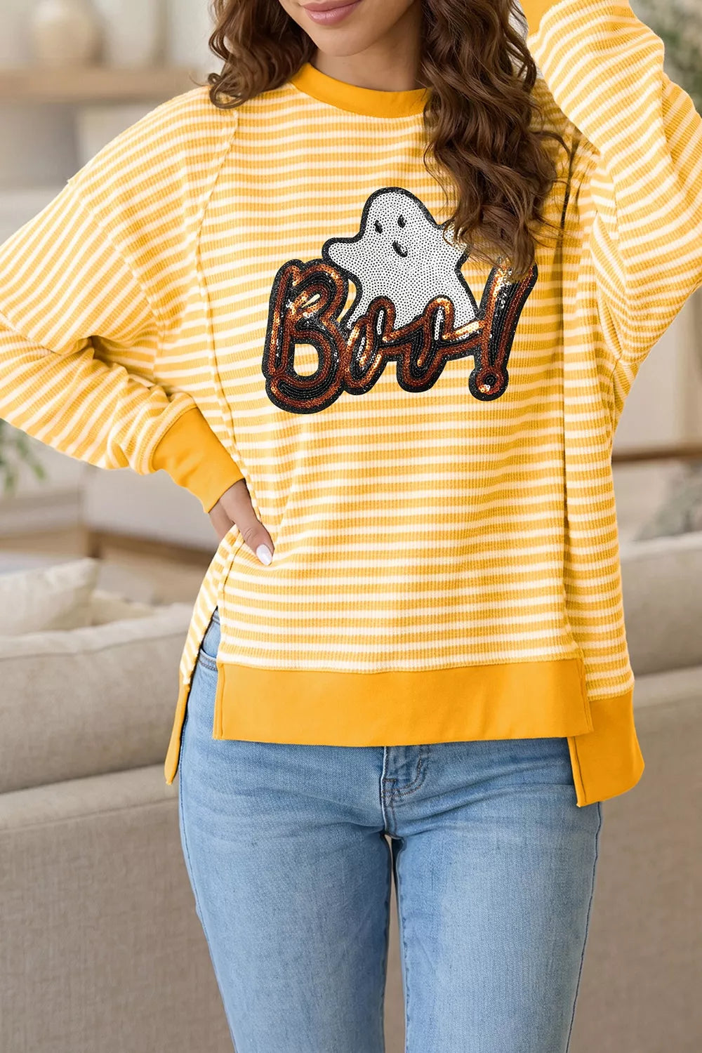 Gold and white striped long-sleeve Halloween top with sequin ghost “Boo!” front