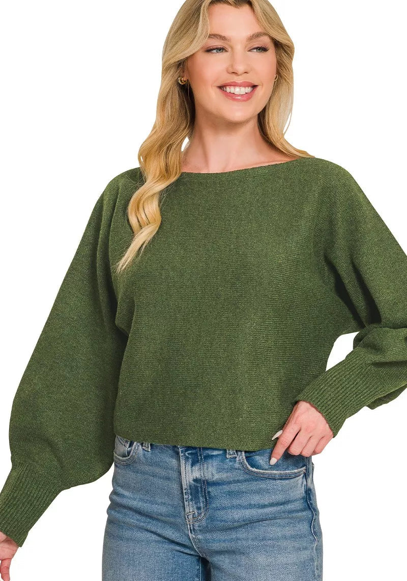 Dark olive boat-neck knit sweater with long sleeves and ribbed hem