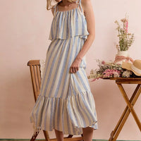 Blue and white vertical stripe tiered midi dress with ruffle shoulder straps