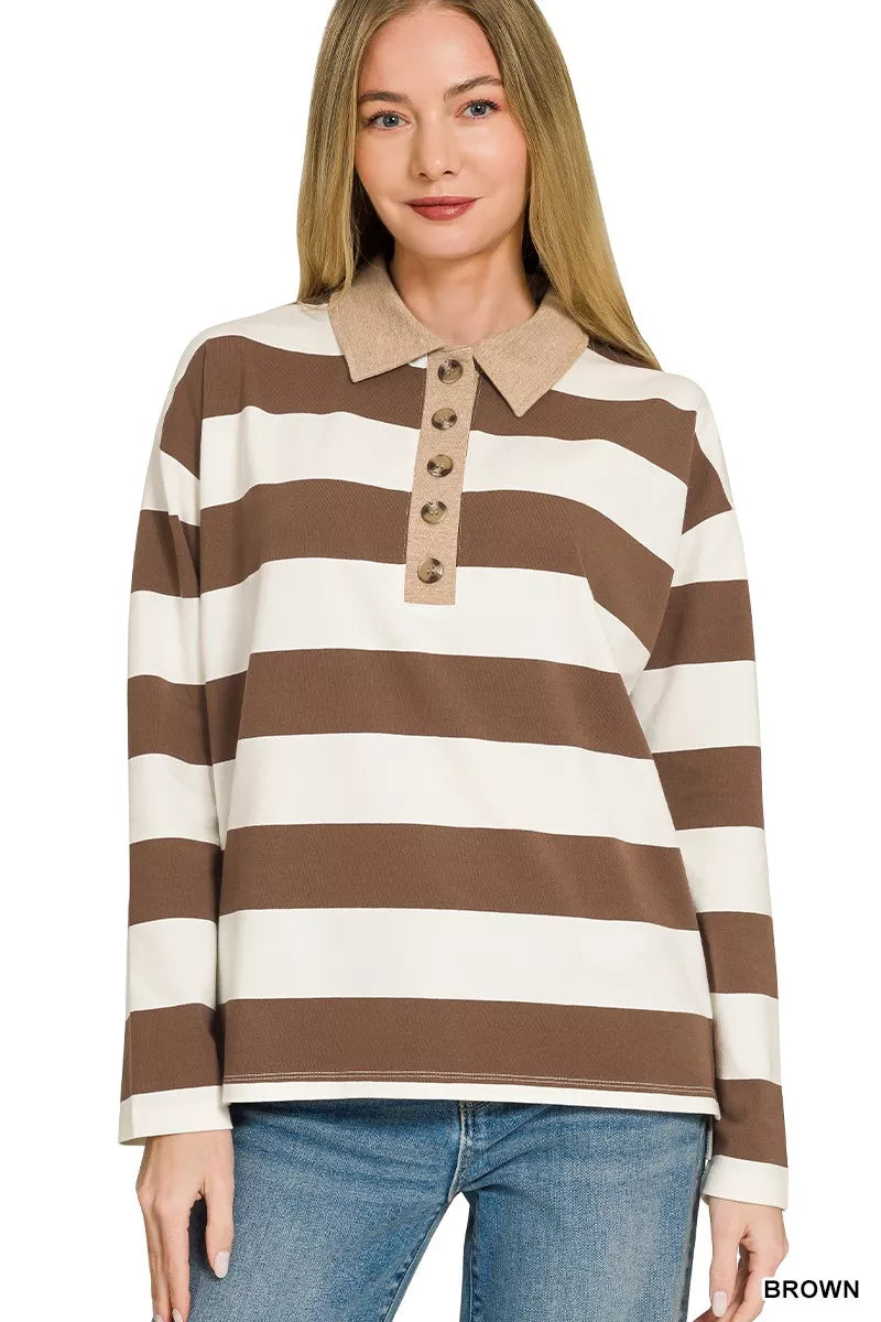 Brown and cream striped long-sleeve polo tee with buttoned henley collar