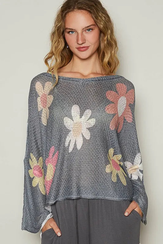 Charcoal dropped-shoulder knit top with long sleeves and multicolor floral print