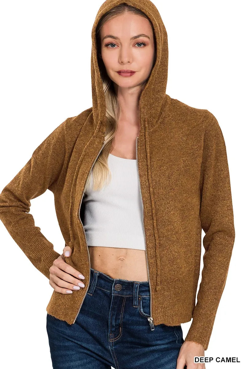 Womens deep camel zip-up hooded cardigan with front zipper and kangaroo pockets