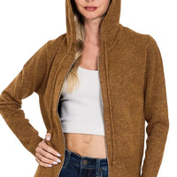 Womens deep camel zip-up hooded cardigan with front zipper and kangaroo pockets