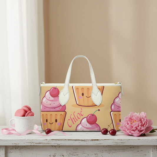 Mini Tote Bag, Personalized PU Leather Handheld Purse, Cherry Cupcake Print Fun Everyday
