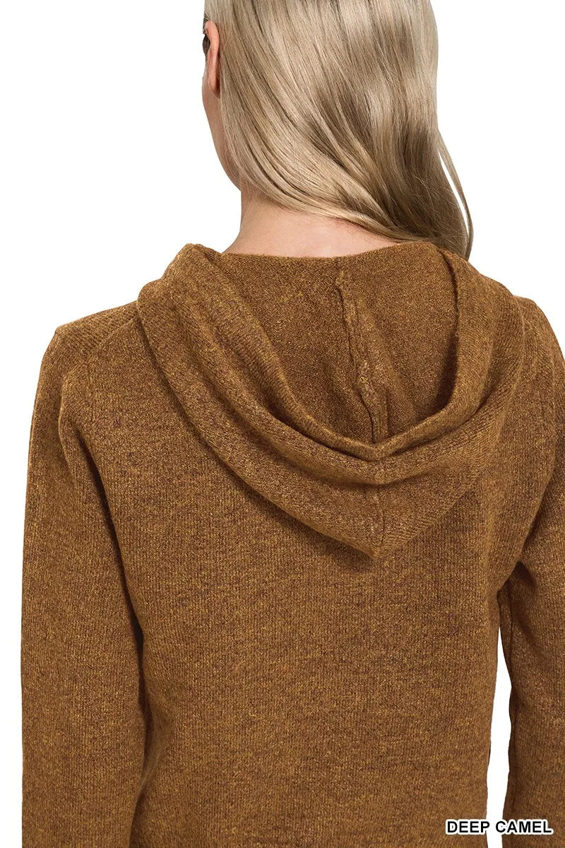 Womens deep camel zip-up hooded cardigan back view with draped hood