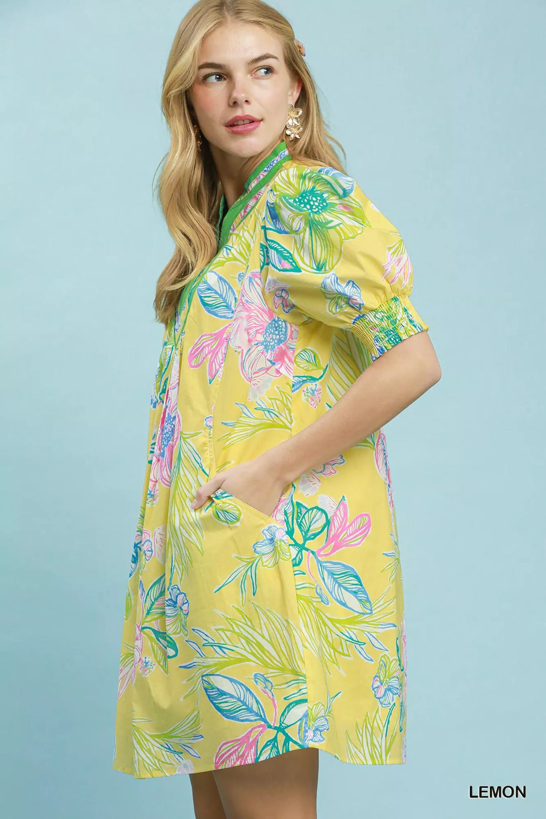 Lemon botanical print shift dress with V-neck and puff sleeves, smocked cuffs
