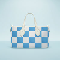 Checkered Tote Bag | Small Blue and White Leather Handheld Bag