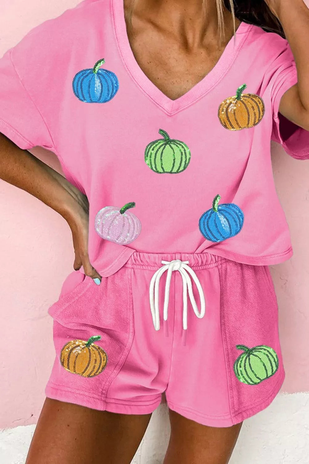 Fuchsia pink V-neck pumpkin print tee with drawstring waist drawstring shorts set