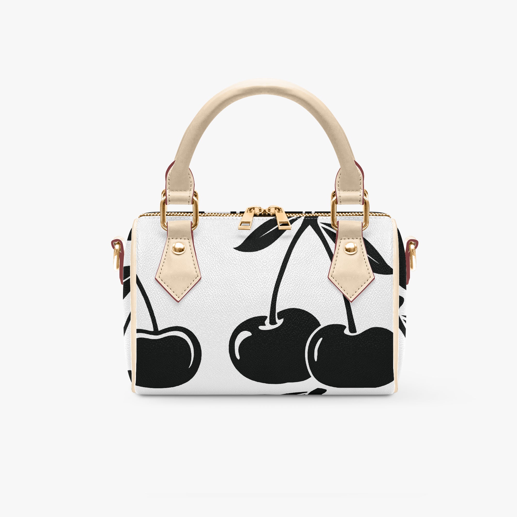 Cherry Handbag | Chic Crossbody Bag with Black Cherries on White