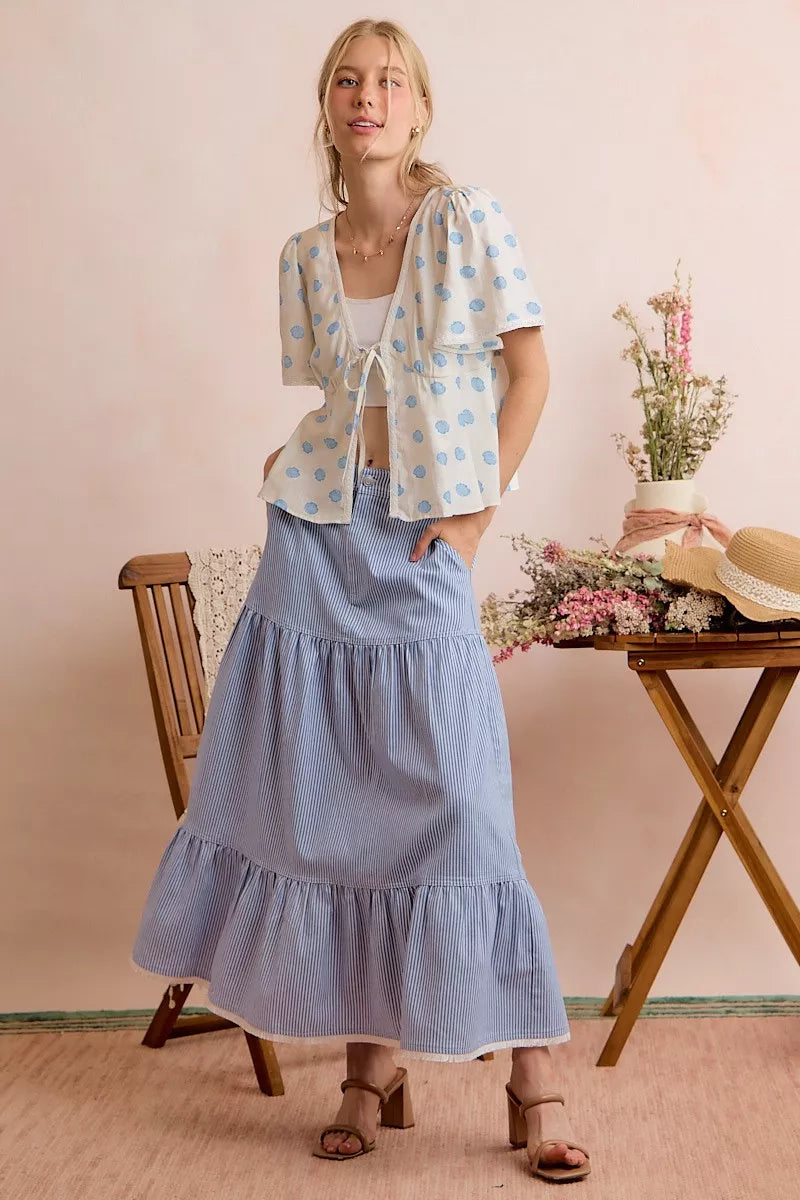 Ivory shell-print blouse with tie-front and flutter short sleeves
