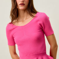Hot pink ribbed knit short-sleeve peplum sweater top with scoop neckline