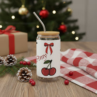 Clear Cups with Straw | Personalized White Cherry & Red Bow Glass Tumbler