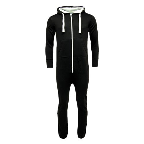 Black unisex onesie with lined hood, front zip, drawstrings and pockets