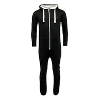 Black unisex onesie with lined hood, front zip, drawstrings and pockets