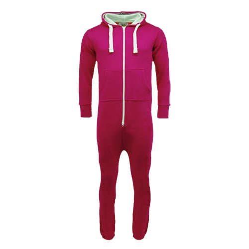 Cerise unisex onesie with lined hood, front zip, drawstrings and pockets