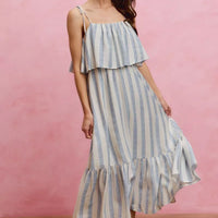Sleeveless striped midi dress with ruffled tiered skirt and tie shoulder straps, blue and white