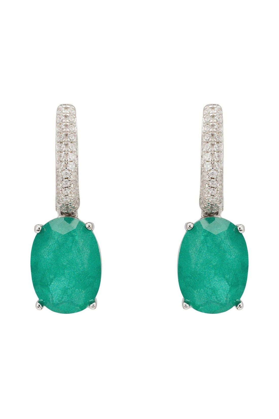 Silver oval drop earrings with emerald-green cabochon and pave tops