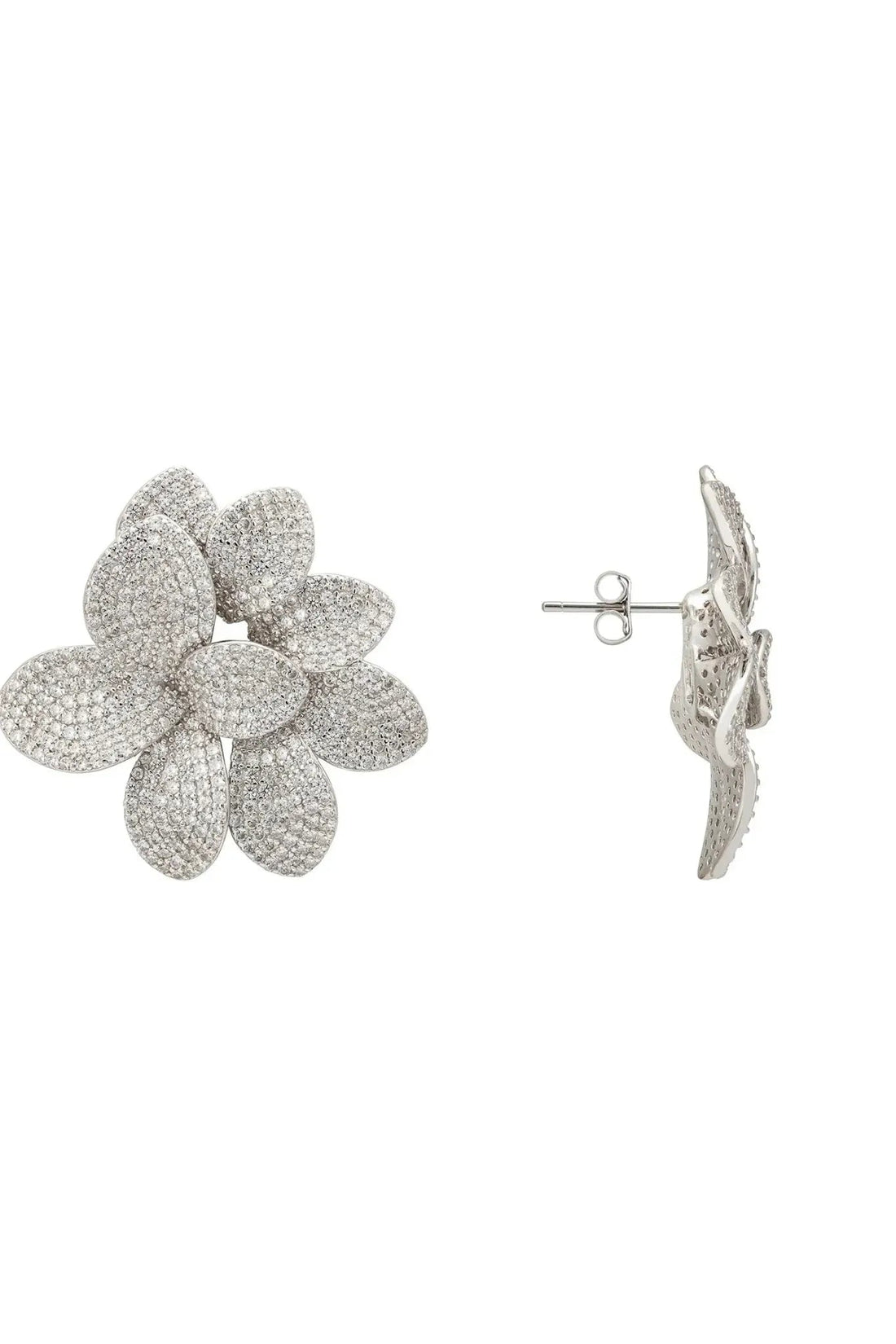 Silver flower stud earrings with butterfly back, five layered petals