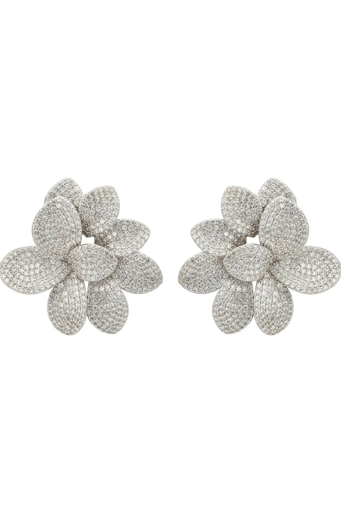 Silver glitter flower stud earrings with five layered petals and round center