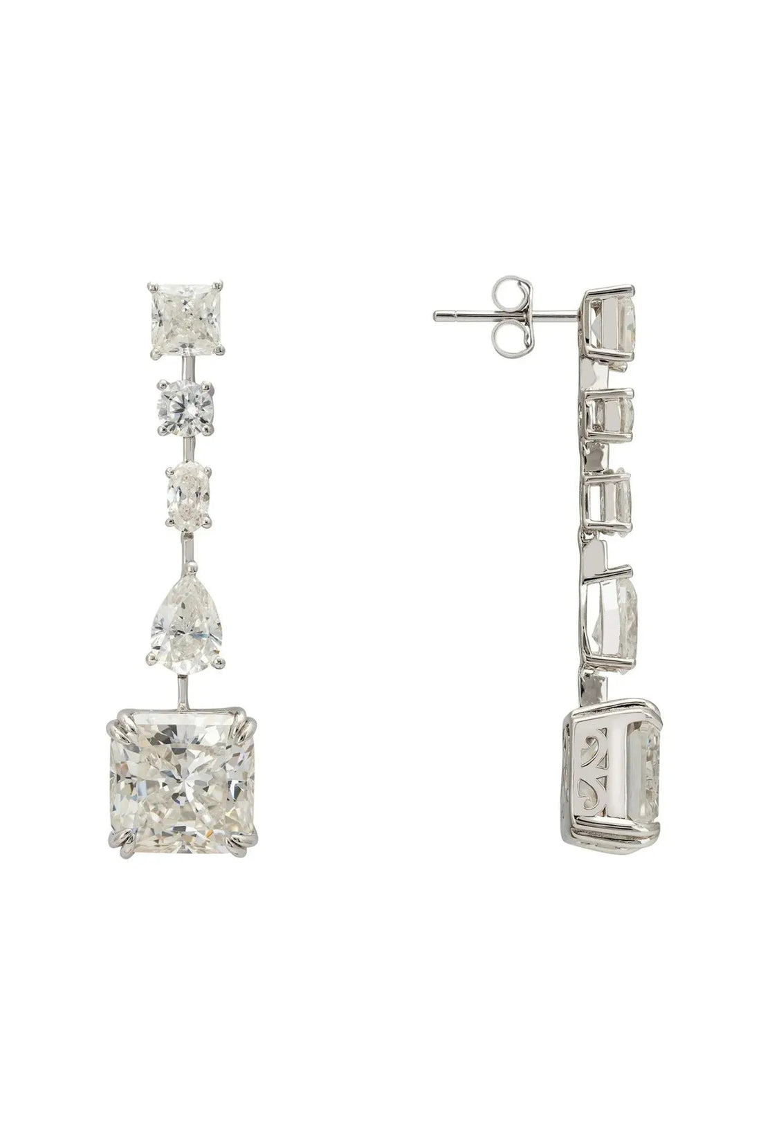 Silver moissanite drop earrings with square and oval stones, side view