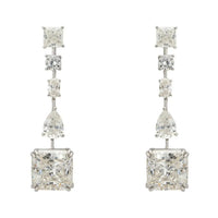 Silver moissanite drop earrings with three stacked sparkle drops and square center stone