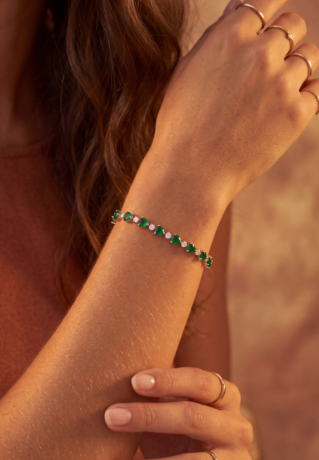 Asscher Cut Heart Tennis Bracelet Emerald Gold-2