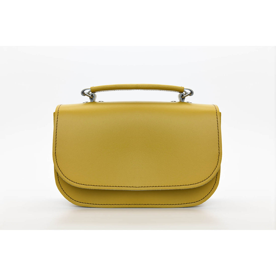 Yellow ochre leather flap bag with metal top rings and short handle