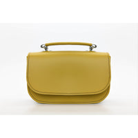 Yellow ochre leather flap bag with metal top rings and short handle